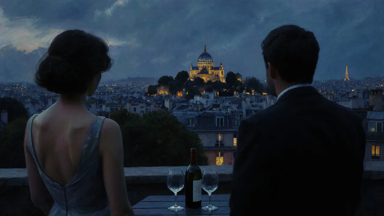Two people stand in silent contemplation on a Paris rooftop at twilight, the city lights twinkling below.