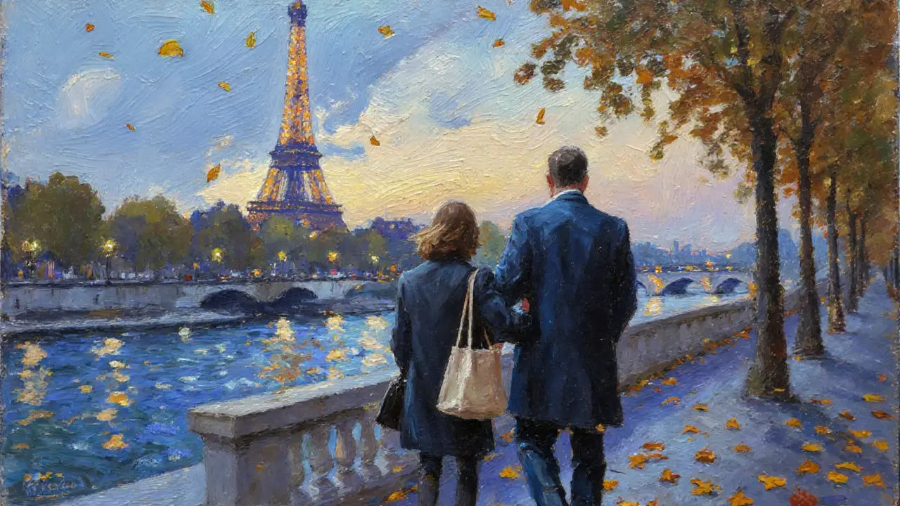 Two people walking along the Seine at dusk, the Eiffel Tower glowing softly behind them.