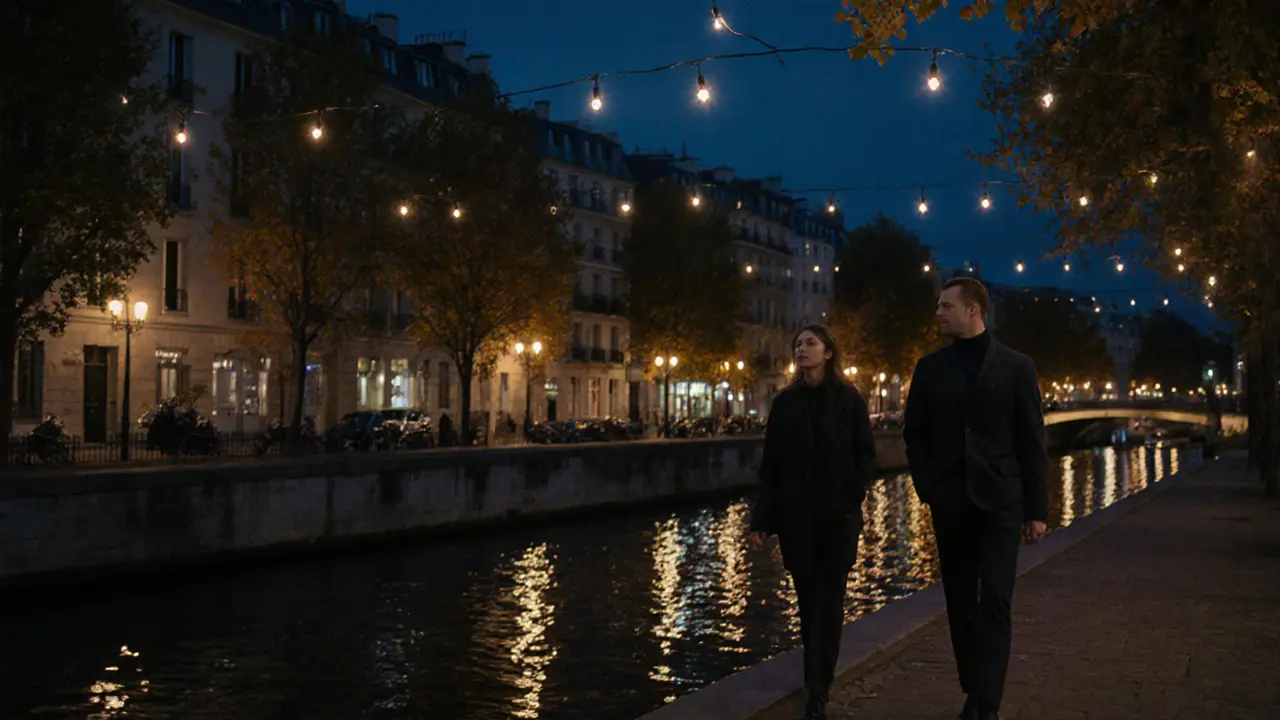 Two people walking peacefully along a quiet Paris riverside at dusk, dressed casually, sharing a calm conversation.