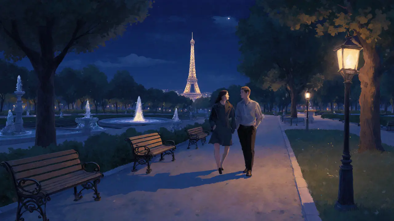 Two people walking peacefully along the Seine in Jardin des Plantes with the Eiffel Tower in the distance.