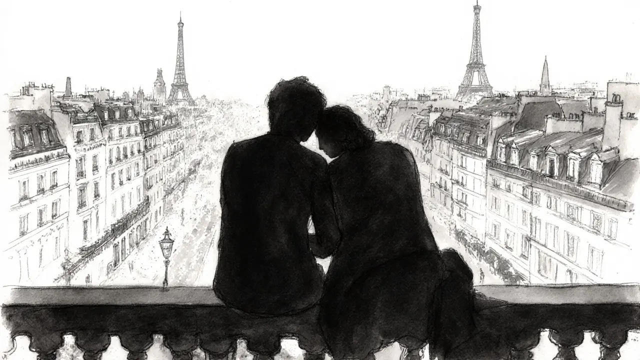Two silhouettes on a Paris balcony at night, hands nearly touching, city lights glowing below.
