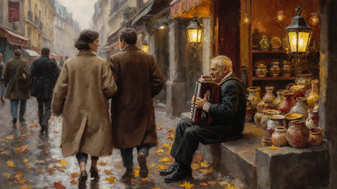 Woman and client walking past a street fair with ceramics, blind accordion player seated on steps.