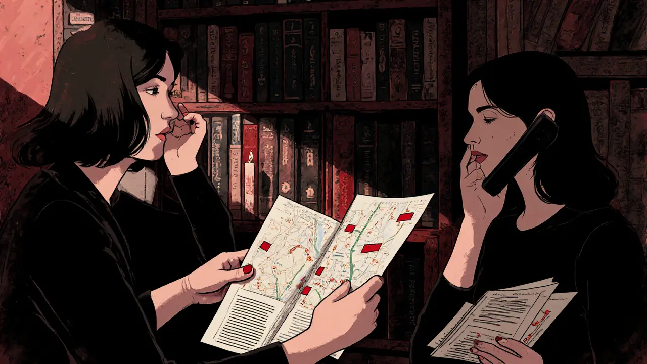 Women in a hidden bookshop room exchanging burner phones and safety guides, candlelight casting long shadows.