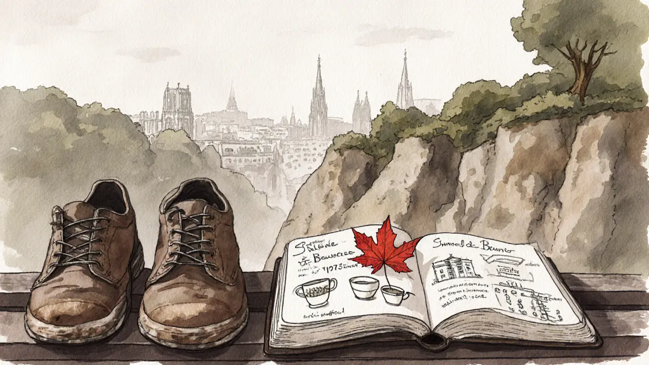 Worn walking shoes and an open journal with sketches rest on a park bench in Paris, overlooking misty hills and distant spires.