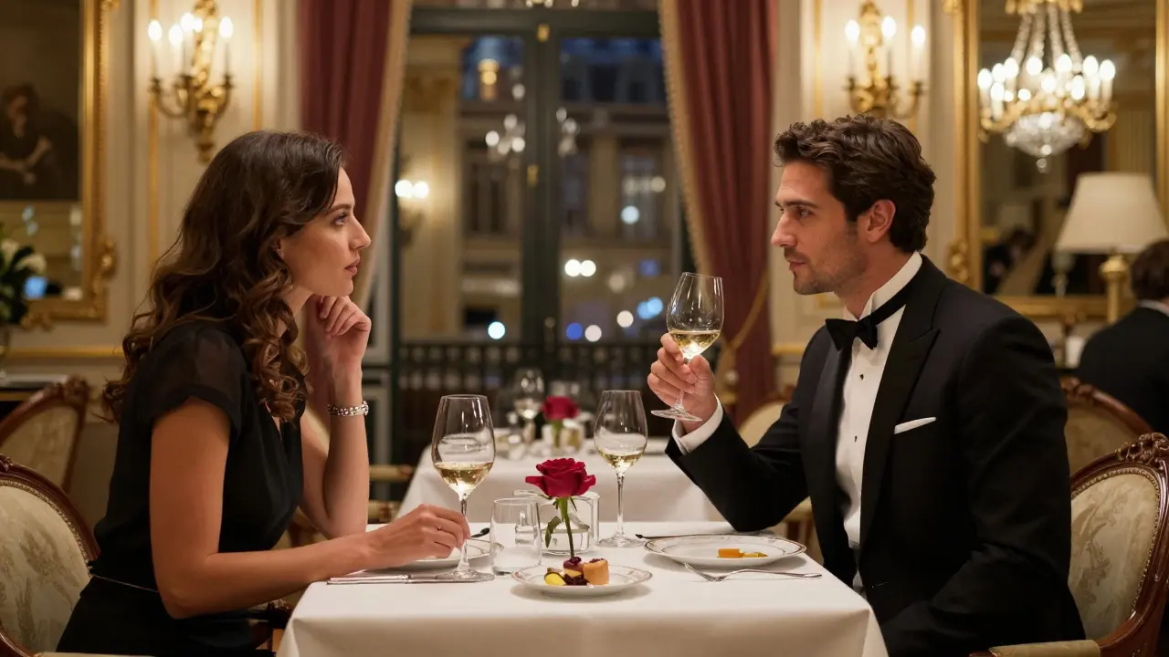 A business dinner at Le Grand Vefour with elegant dining, candlelight, and refined atmosphere in Paris&#039;s 9th arrondissement.