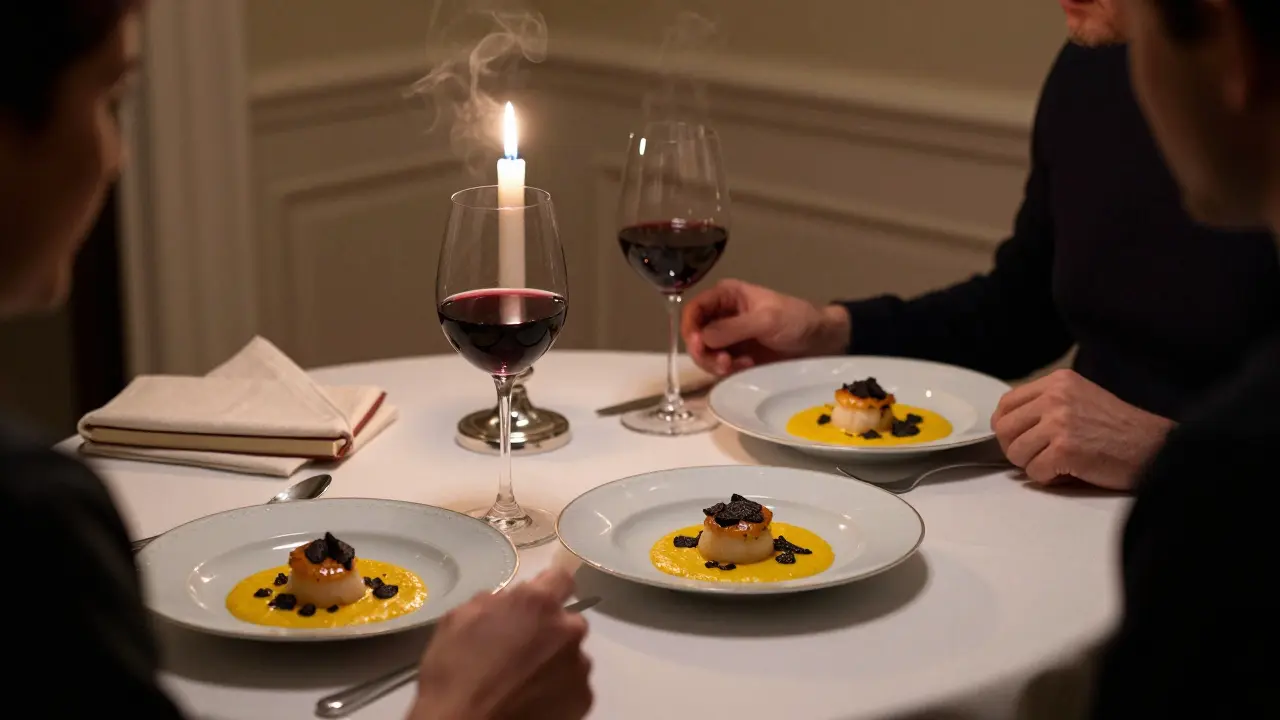 A candlelit dining table with gourmet scallops and wine, no people present, only the quiet elegance of an untouched meal.