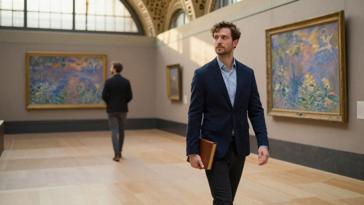 A companion and client quietly admire art in the empty Musée d’Orsay, bathed in golden afternoon light.