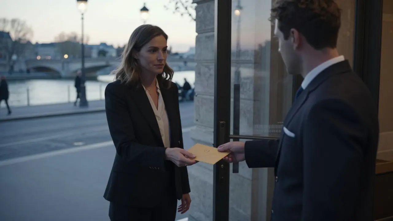 A concierge hands an envelope to a woman leaving a luxury hotel at dawn, the Seine reflecting morning light.