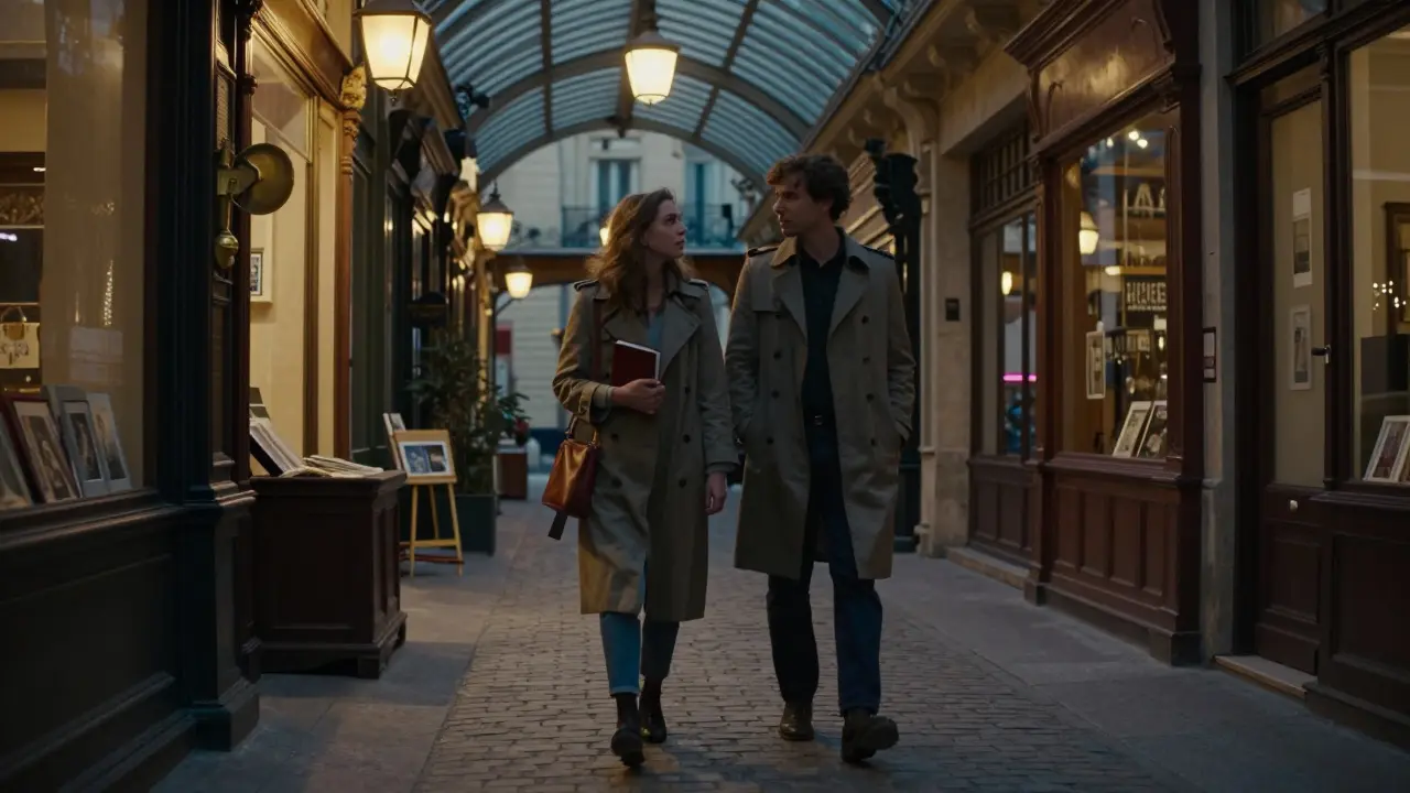 A couple walking through the Passage des Panoramas at dusk, vintage glass ceiling, lanterns, cobblestones, quiet intimacy.