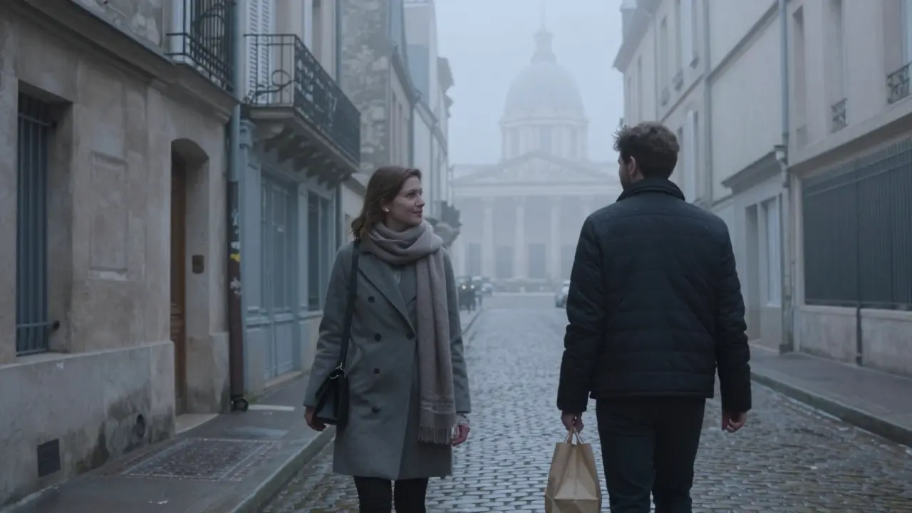 A couple walking together along a misty Paris street near a bakery.