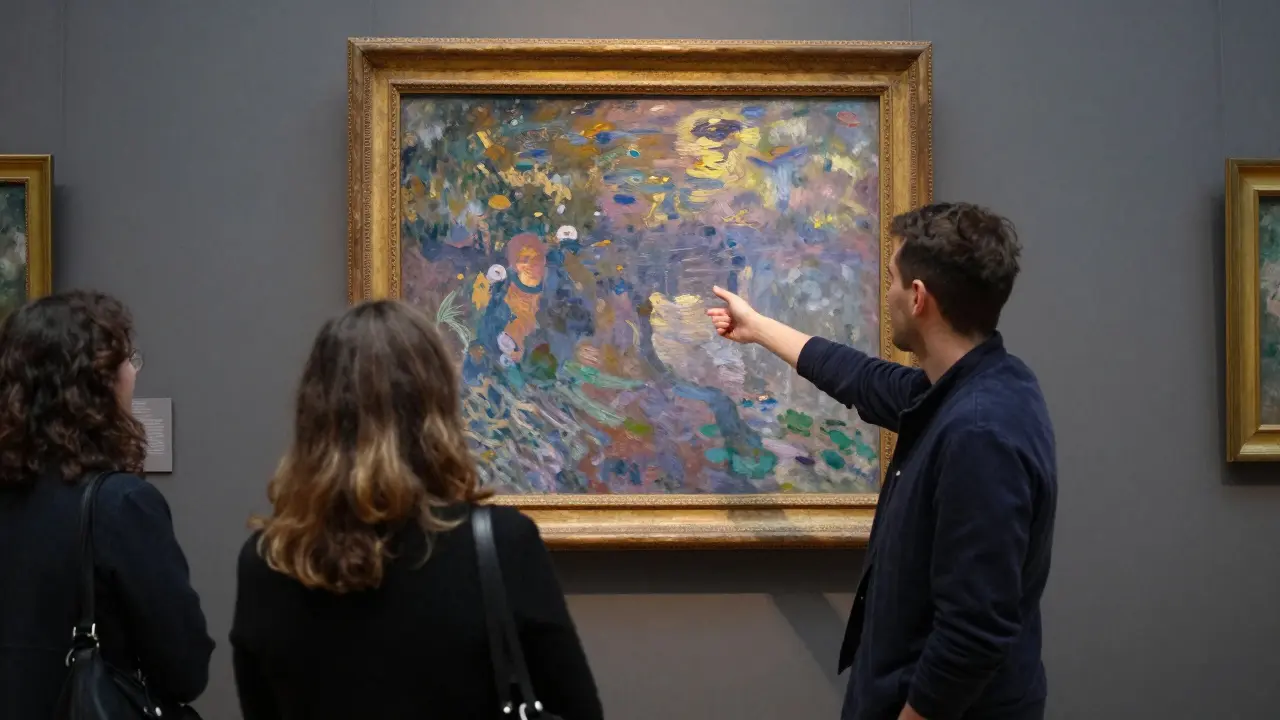 A guide points out a painting in the Musée d'Orsay, surrounded by other visitors unaware of the moment.
