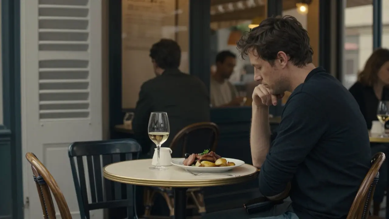 A man eating alone at a bistro, no devices, enjoying silence amid the quiet hum of the city.