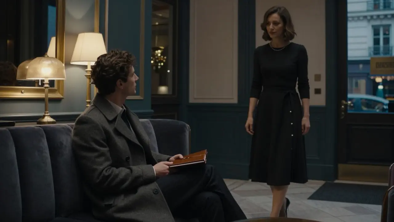 A man waiting respectfully in a boutique hotel lobby in Paris 11, awaiting a companion.