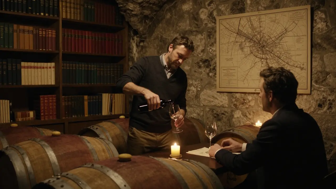 A private wine tasting in a candlelit Parisian cellar, with books and oak barrels surrounding a knowledgeable companion.