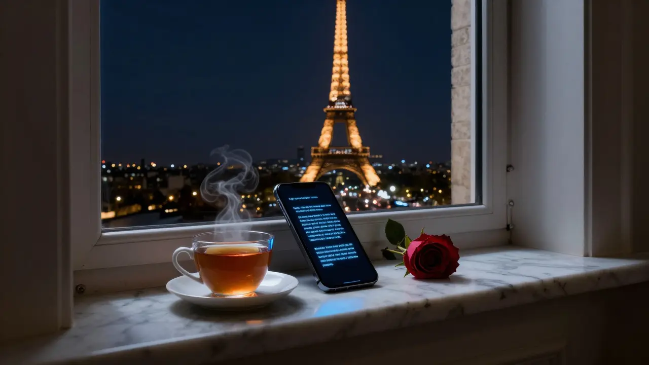 A smartphone glows on a marble windowsill beside a tea cup and rose, with the Eiffel Tower sparkling in the night.