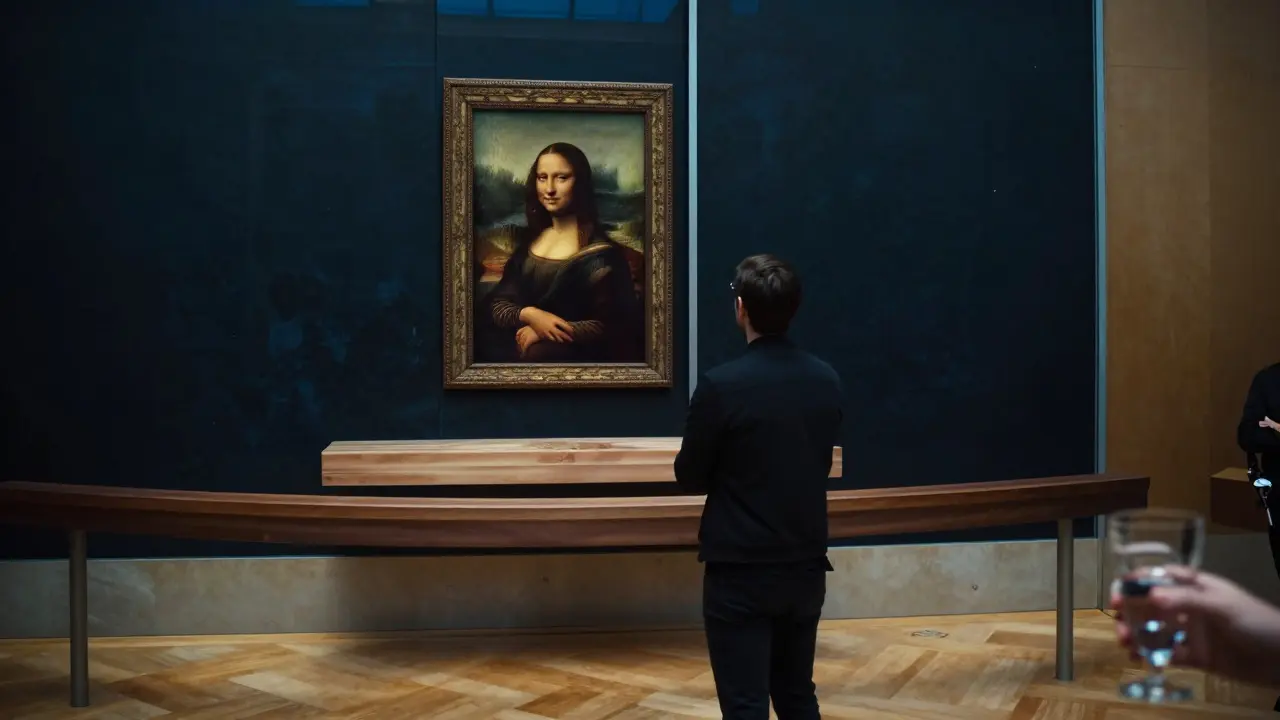 A visitor stands in awe before the Mona Lisa, softly lit, with a hand offering water in the corner.