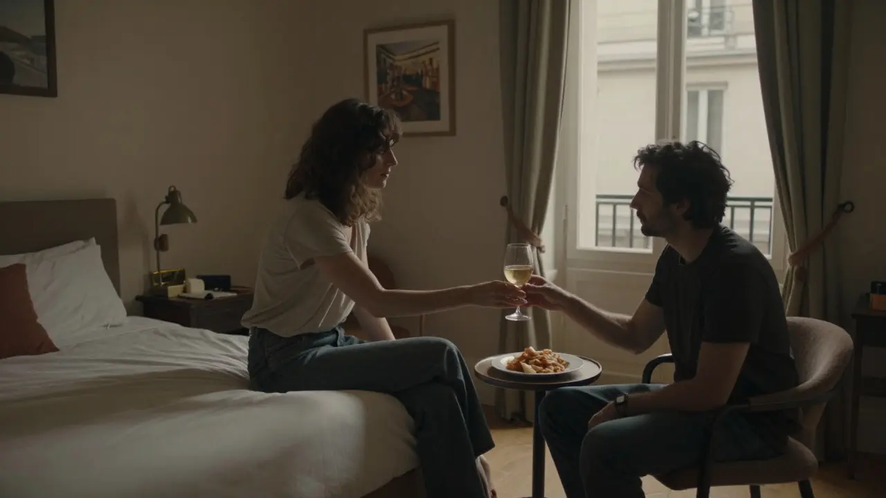 A woman and man in a simple hotel room, sharing wine and a light meal in quiet companionship.