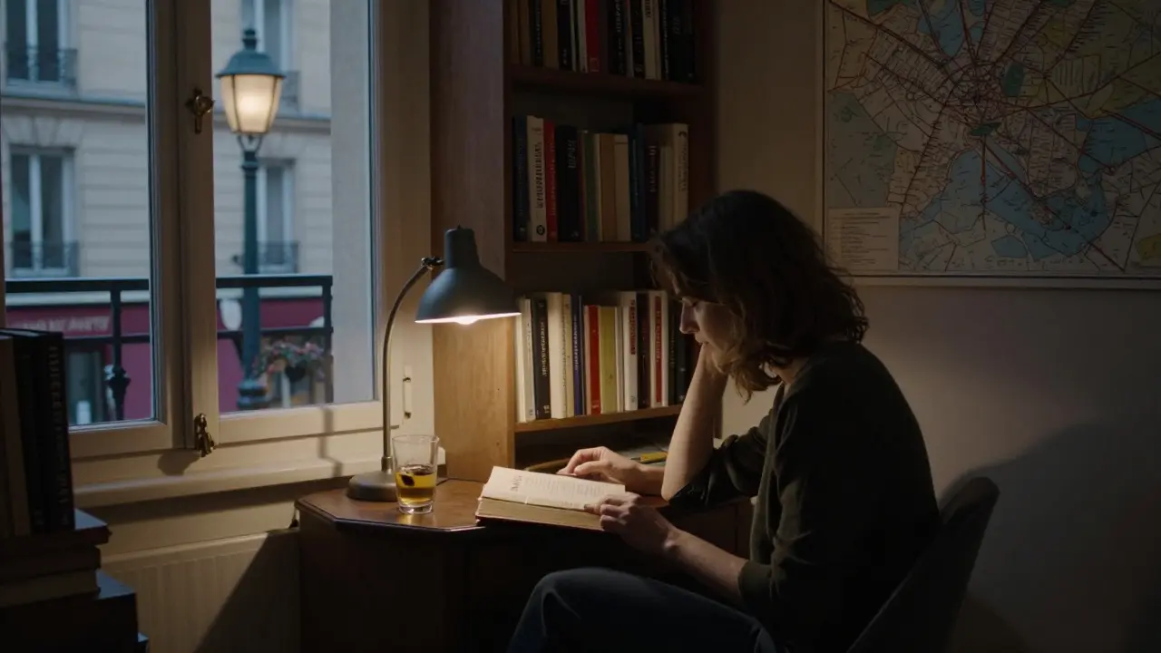 A woman reading philosophy in a softly lit Paris apartment surrounded by books.
