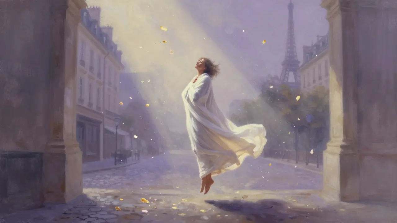 An abstract scene of emotional release with a figure surrounded by floating petals and golden light in a dreamlike Paris interior.
