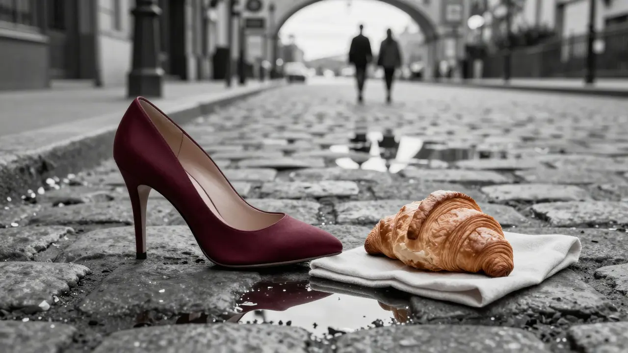 An elegant shoe and croissant rest on cobblestones, reflecting two figures walking toward the Seine at sunset.