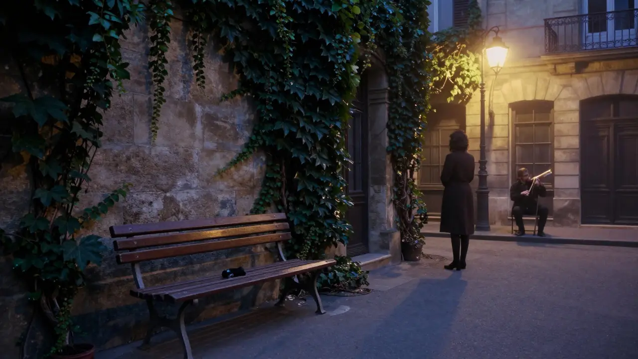 An empty bench in a hidden Paris courtyard with a glove left behind, ivy and music drifting in the twilight air.