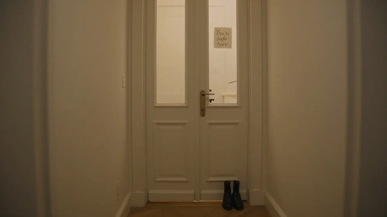 An empty hallway in a Paris apartment with a door slightly open, revealing warm light and a handwritten note: 'You’re safe here.'