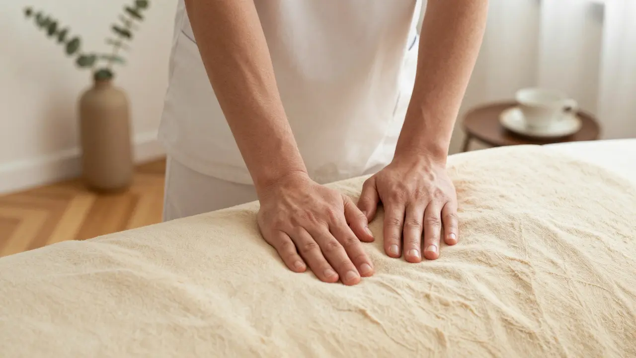 Professional hands performing a gentle massage on a linen-covered table, with minimalist Parisian details in the background.