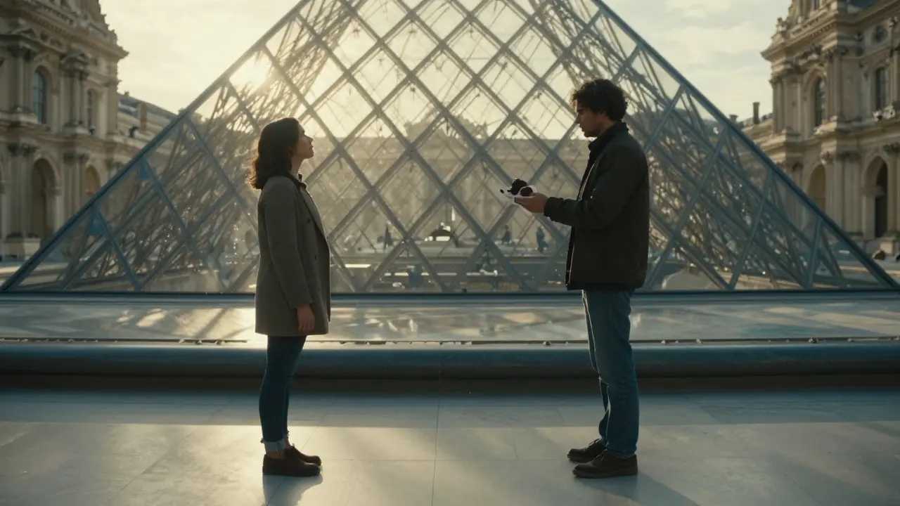 Sunlight patterns fill the Louvre&#039;s glass pyramid at dusk, two figures sharing a quiet moment.