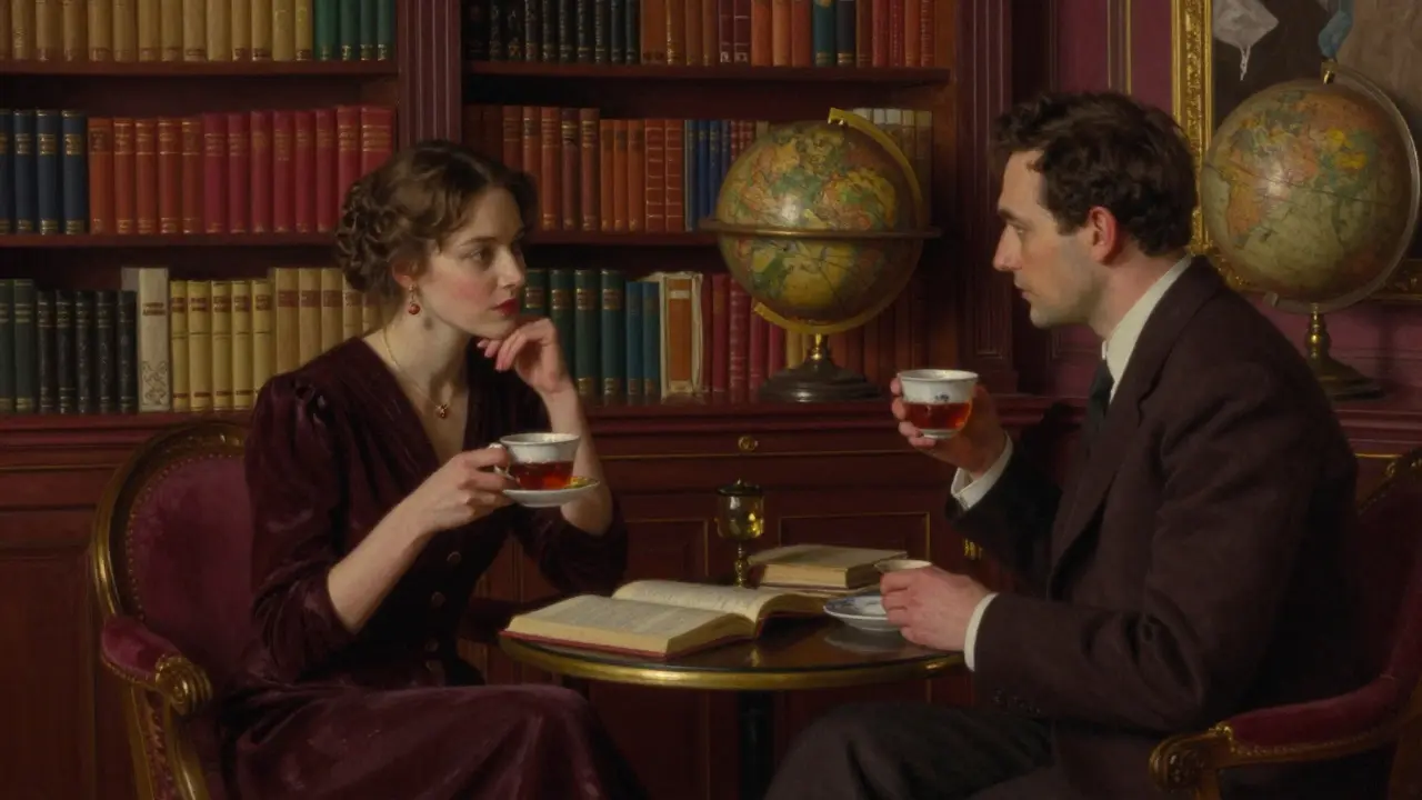 Two figures sit in silent conversation in a book-lined Parisian salon, lamplight casting warm shadows.