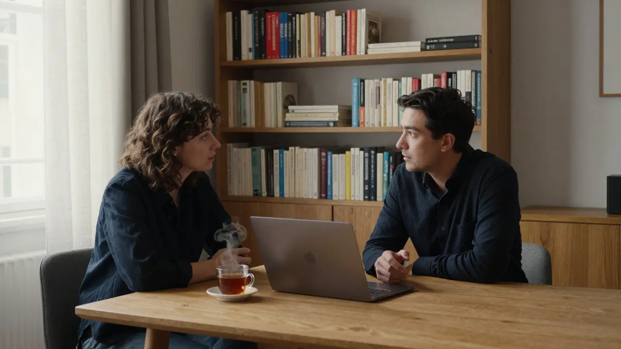 Two people sit in a quiet Parisian room, engaged in a thoughtful conversation over tea.