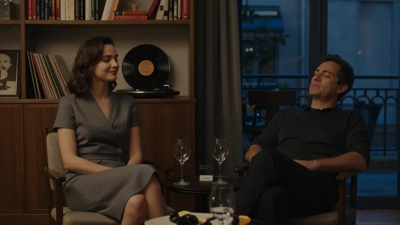 Two people sit in quiet companionship in a softly lit Paris apartment, sharing a moment of calm over wine and jazz.