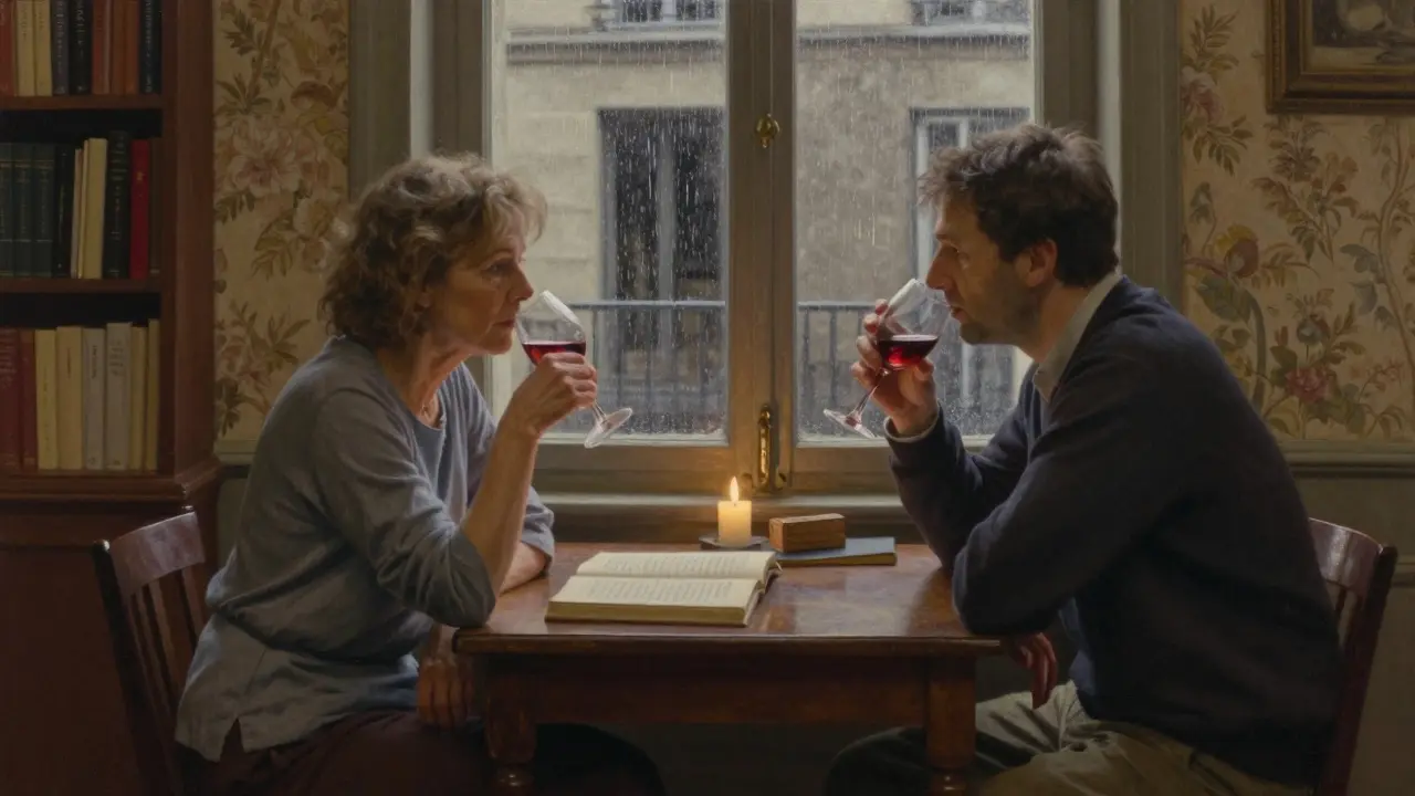 Two people sit quietly at a table with wine and poetry, candlelight casting warmth in a Parisian apartment.