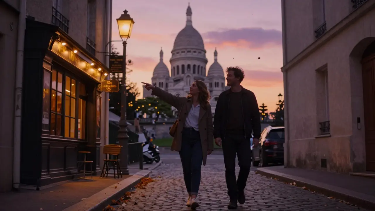 Two people walking together in Montmartre at sunset, pointing toward the Sacré-Cœur.