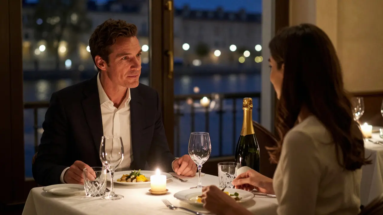 A couple shares a quiet dinner in a private restaurant, candlelight reflecting off fine china and champagne glasses.