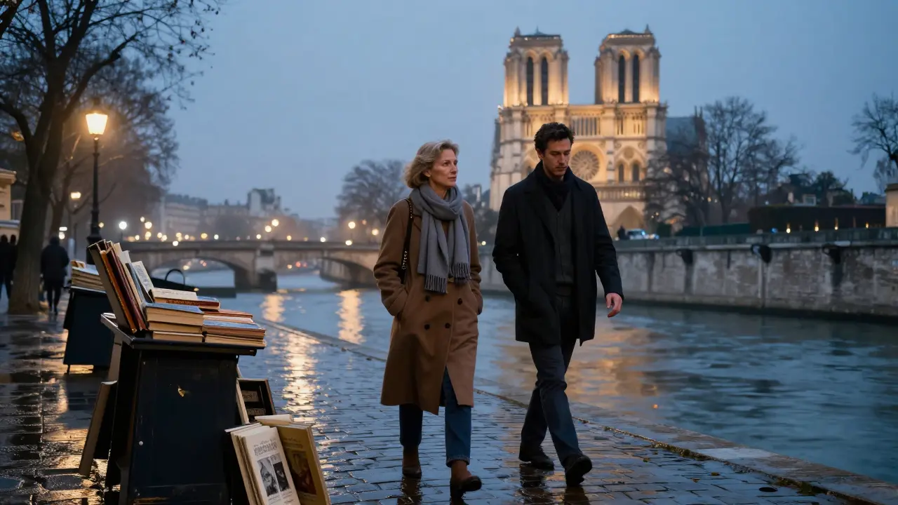 A couple walks peacefully along the Seine under moonlight, passing bookstalls and cathedral reflections.