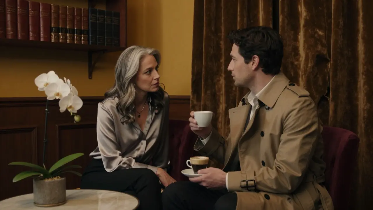 A man and woman converse quietly in a cozy lounge with bookshelves and velvet curtains, lit by warm lamplight.