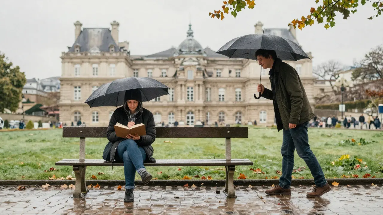 A person on a bench in Luxembourg Gardens during rain, offered an umbrella by another in quiet companionship.