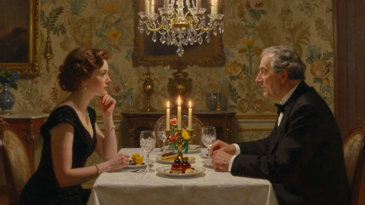 A private dinner scene with two figures engaged in quiet conversation under soft candlelight in a luxurious Parisian dining room.