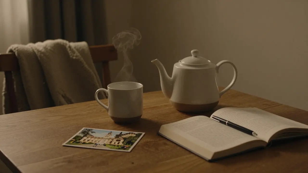 A softly lit Parisian apartment with tea set and open postcard, evoking quiet human connection.