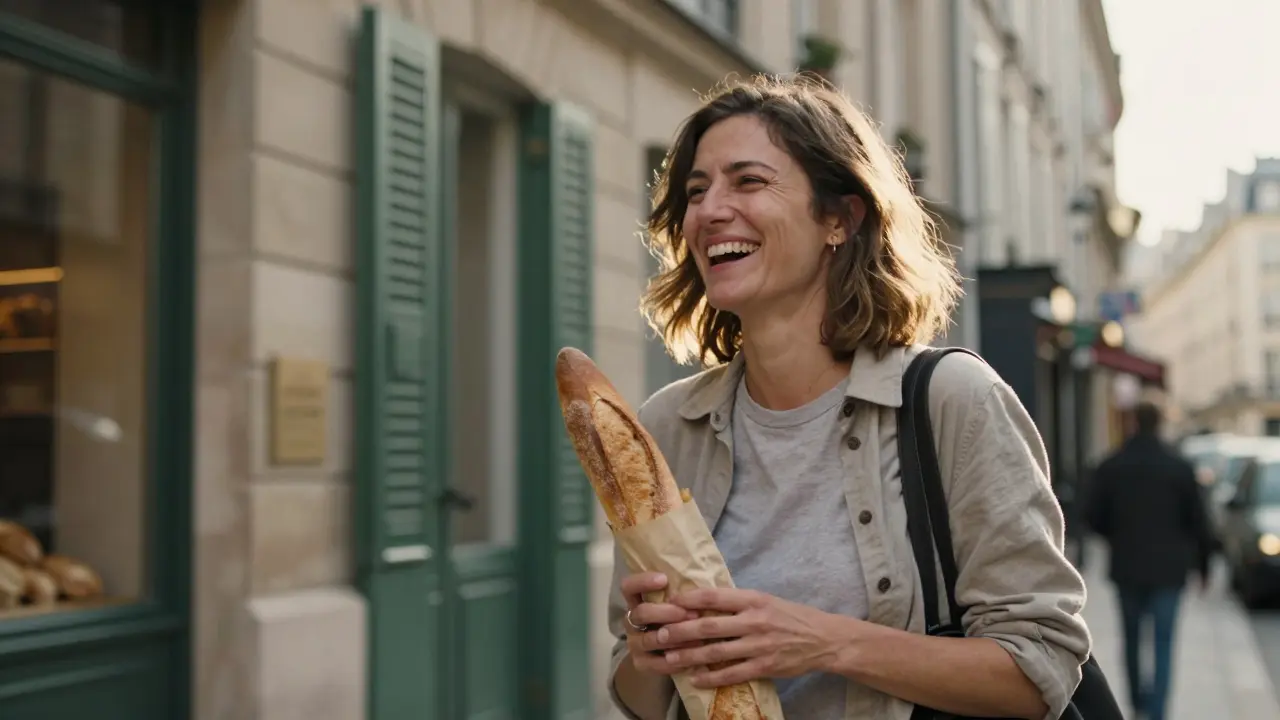 A woman laughing outside a bakery in Le Marais, holding a baguette, authentic street moment in soft afternoon light.