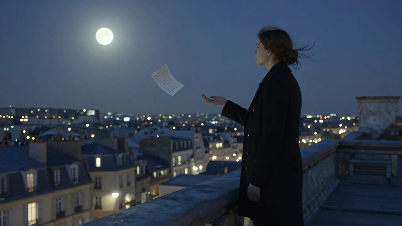 A woman on a Paris rooftop at night, a handwritten letter drifting in the moonlight.