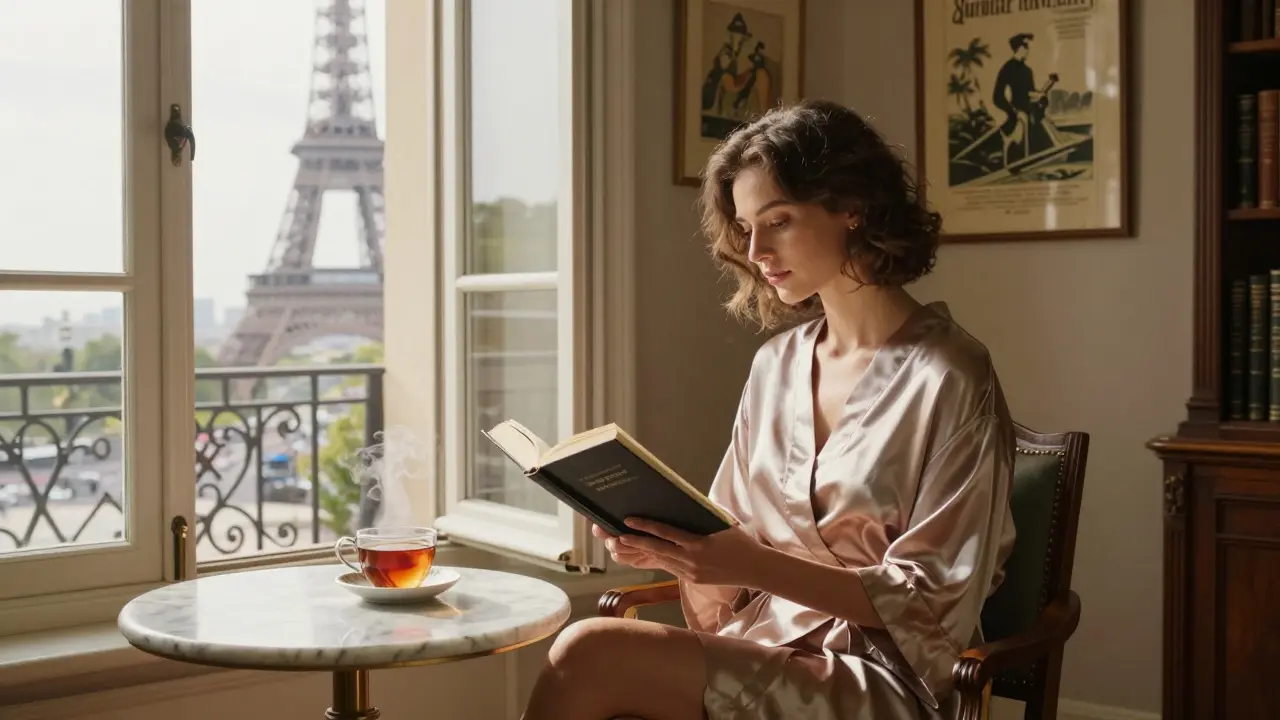 A woman reads in a sunlit Paris apartment library, overlooking the Eiffel Tower with serene morning light.
