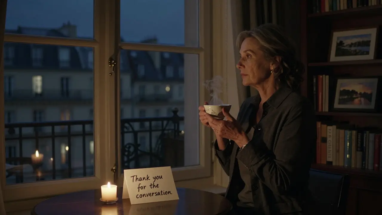 A woman stands by a window in a Paris home at night, holding a teacup, with a handwritten note on the table.