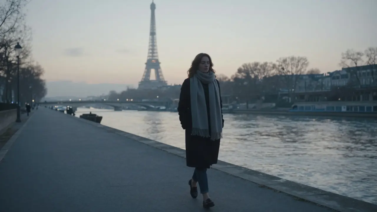 A woman walking alone along the Seine at dawn, mist rising, quiet and serene.