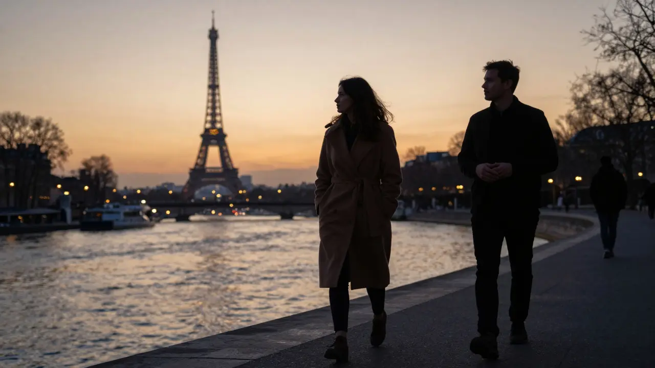 A woman walks ahead on the Seine at sunset, a man follows behind, city lights shimmering on the water.