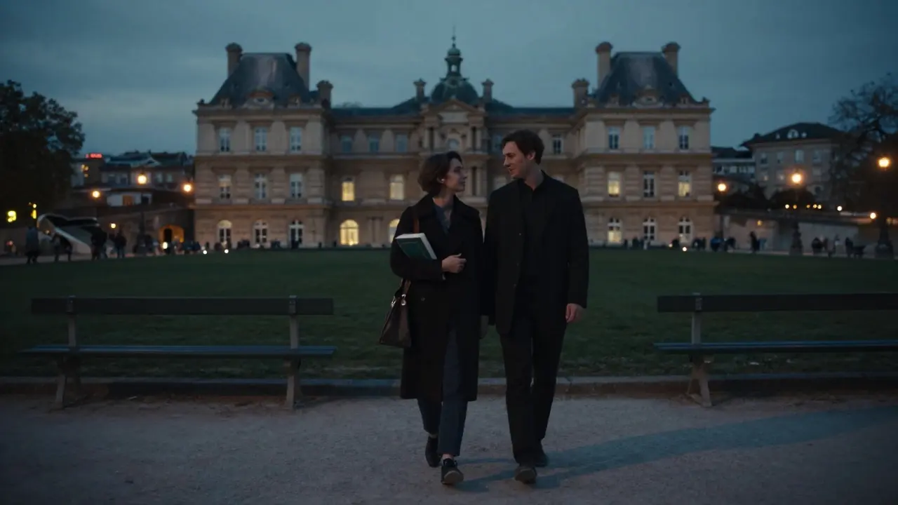 Two figures walk silently along the Seine at twilight, their silhouettes framed by bridge lights and the shadowed gardens behind.
