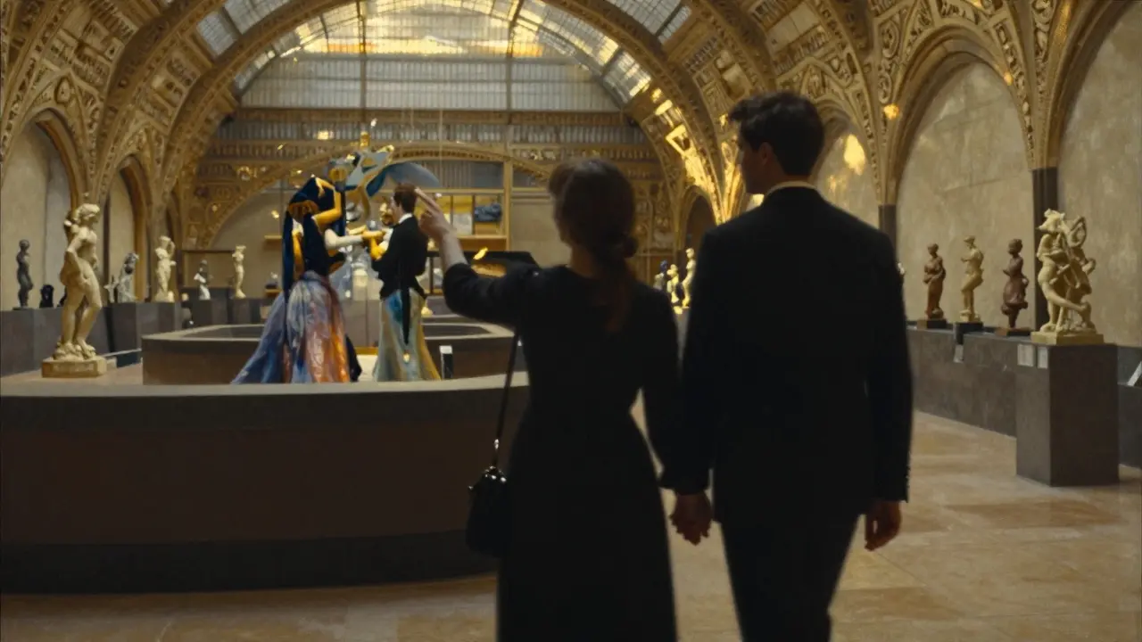 Two figures walk through an empty art museum, sharing a quiet moment beside a Degas painting at dusk.