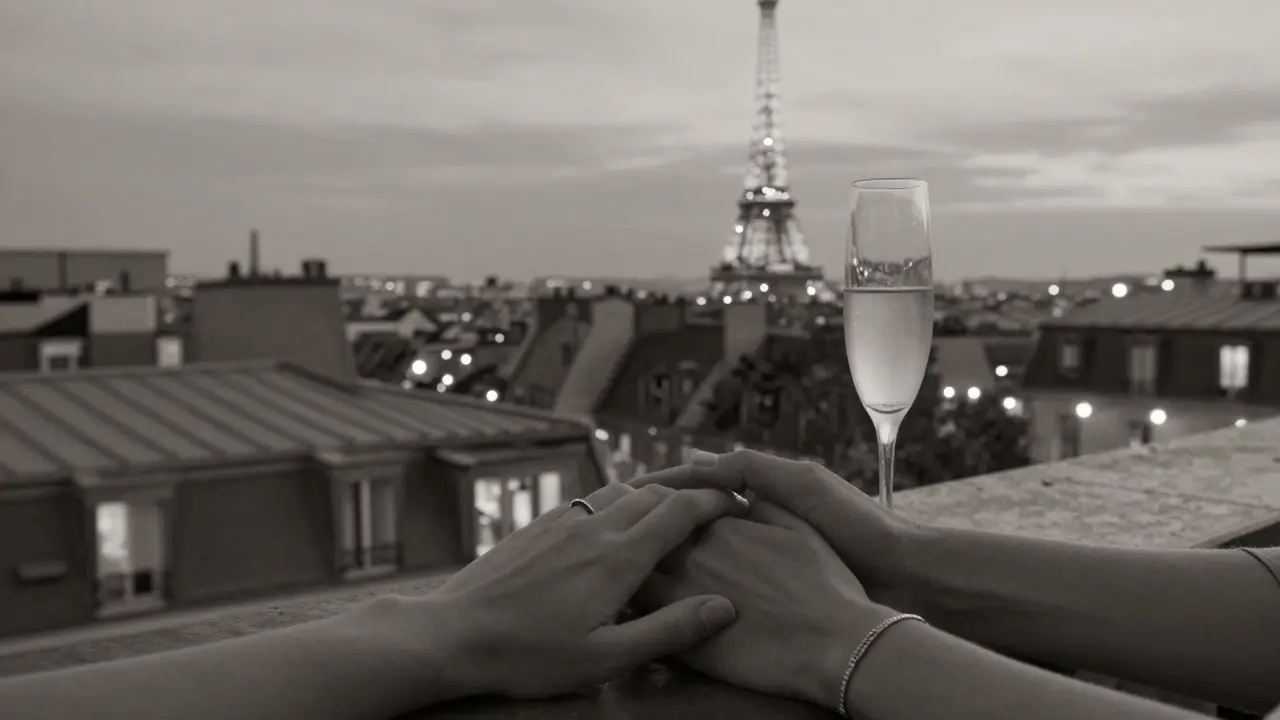 Two hands clasped on a Paris rooftop at night, overlooking the glowing Eiffel Tower in soft twilight.
