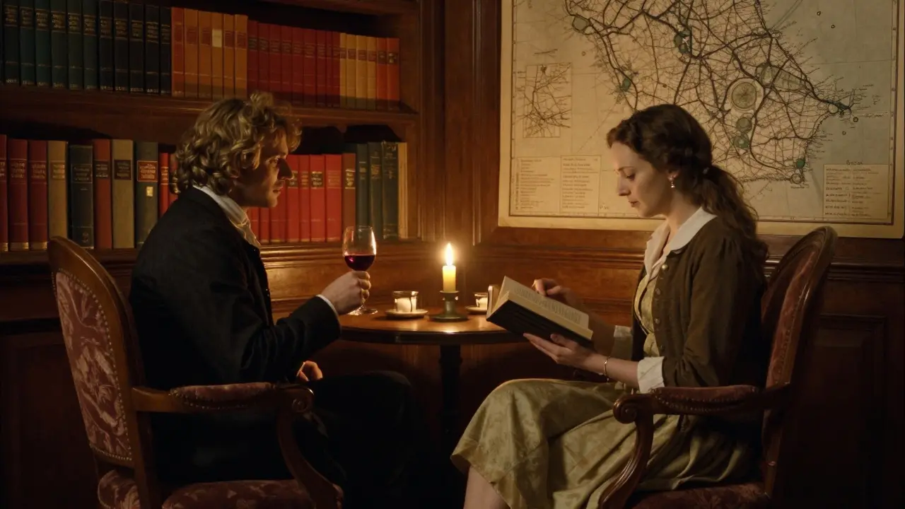 Two people in quiet conversation in a candlelit historic Parisian lounge, sharing a book and wine.