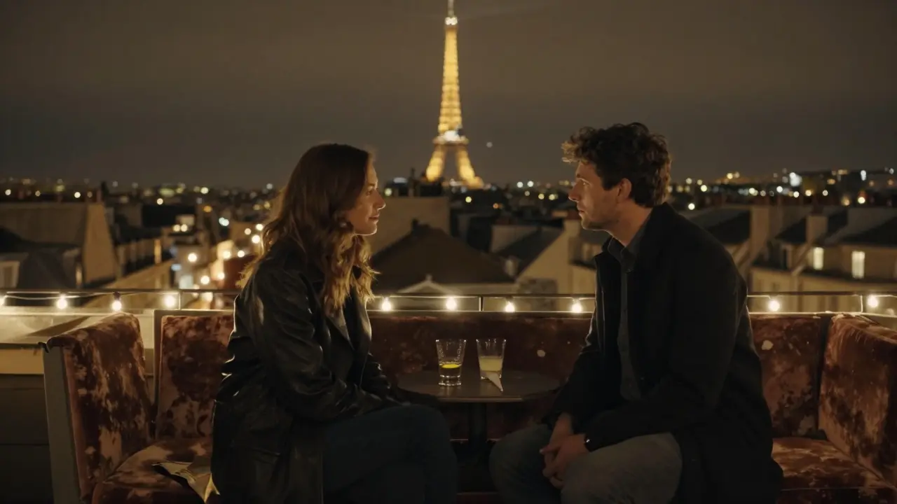 Two people sit in silent companionship on a Paris rooftop terrace at night.